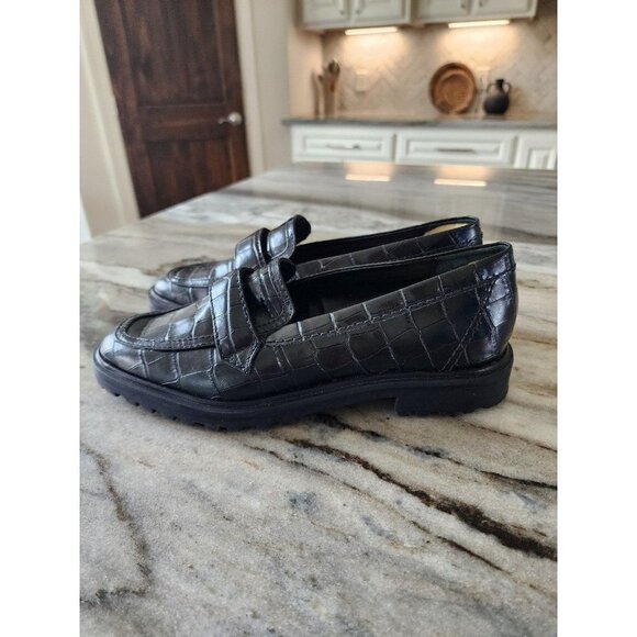 Schutz Kristin Lug Sole‎ Platform Black Croc Embossed Leather Women's Loafer - Picture 1 of 7